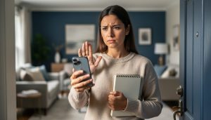 “Person at home making a clear ‘stop’ gesture while holding a phone, symbolizing setting boundaries for personal well-being.”