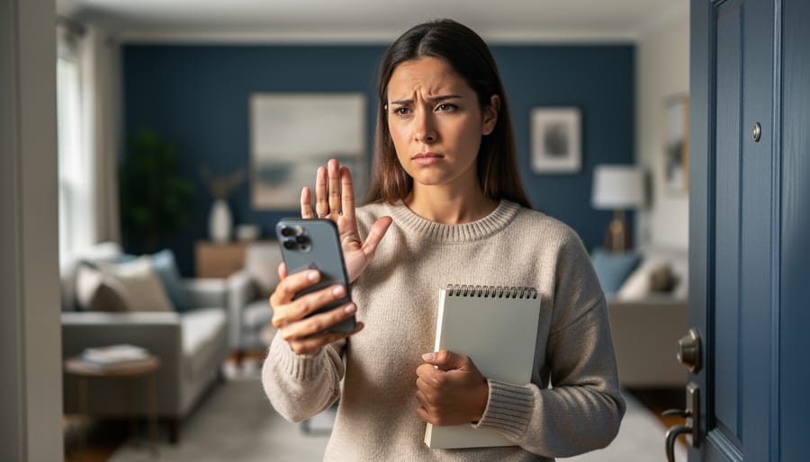 “Person at home making a clear ‘stop’ gesture while holding a phone, symbolizing setting boundaries for personal well-being.”