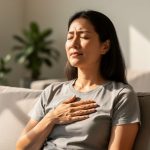 Person seated comfortably with eyes closed and hands over the heart, practicing calm breathing in a peaceful indoor setting.