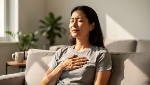 Person seated comfortably with eyes closed and hands over the heart, practicing calm breathing in a peaceful indoor setting.