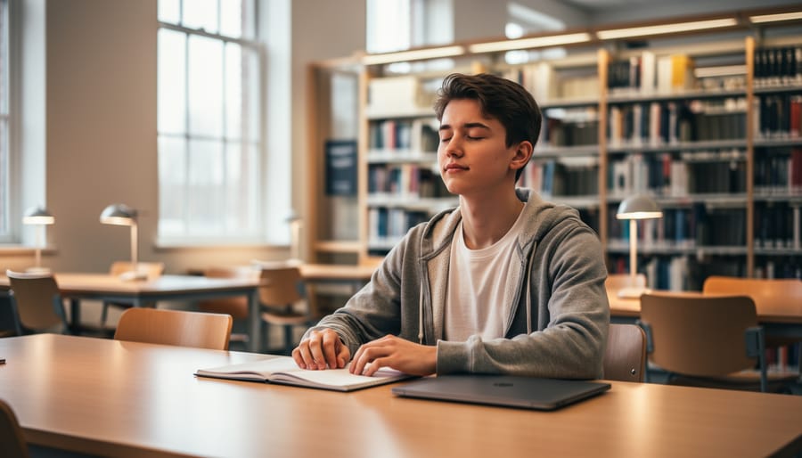 A student sitting in a quiet library corner, taking a calming breath while holding a notebook.