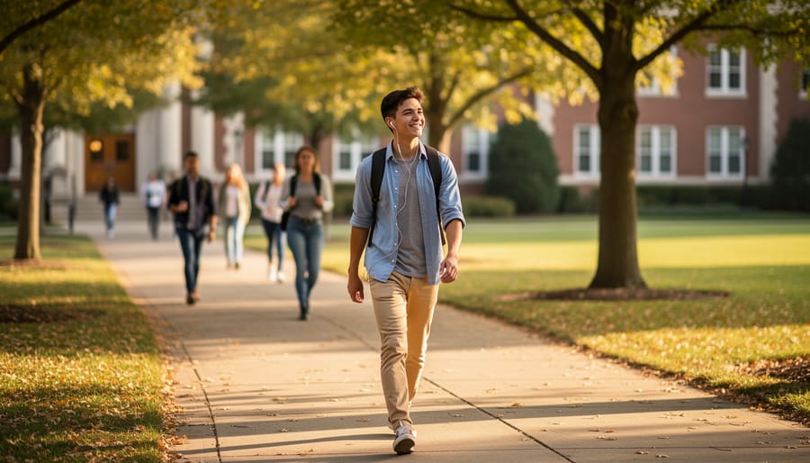 A student walking outdoors on campus with a backpack under an overcast sky.