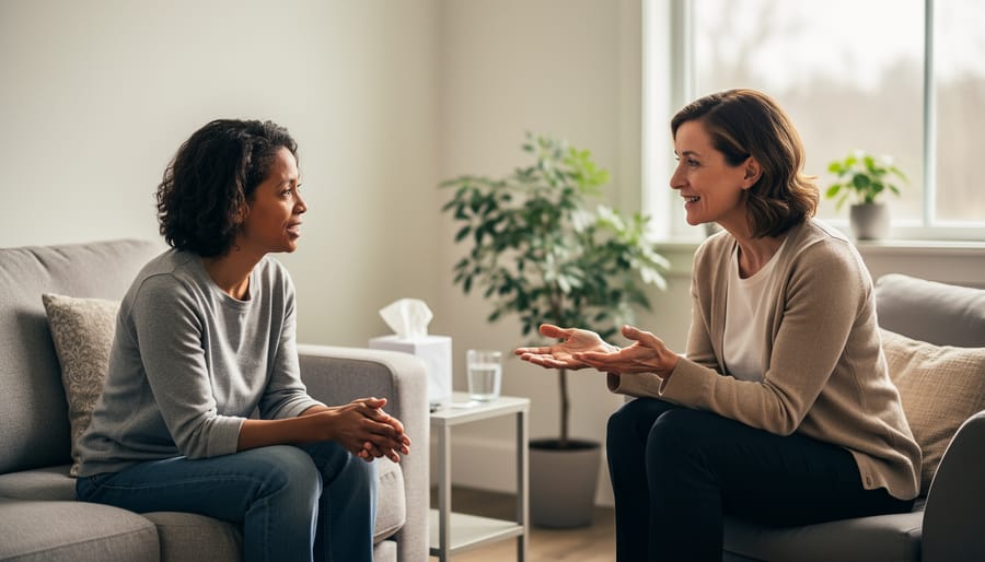Therapist and client walking together with a warm, supportive demeanor toward a clinic entrance.