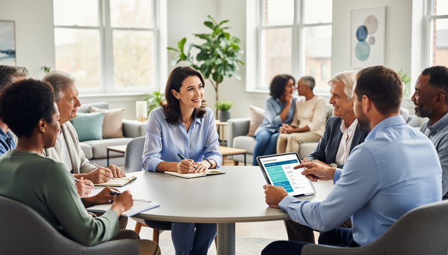 A healthcare professional and peer support worker prepare to meet in a clinic waiting area.
