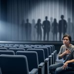“An anxious person seated in a quiet theater aisle with blurred audience silhouettes and an exit door in the background, suggesting fear of escape and fear of judgment.”