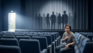 “An anxious person seated in a quiet theater aisle with blurred audience silhouettes and an exit door in the background, suggesting fear of escape and fear of judgment.”