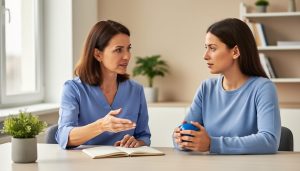 “Therapist and client seated together in a quiet office during a counseling session, symbolizing practical, behavior-focused therapy.”