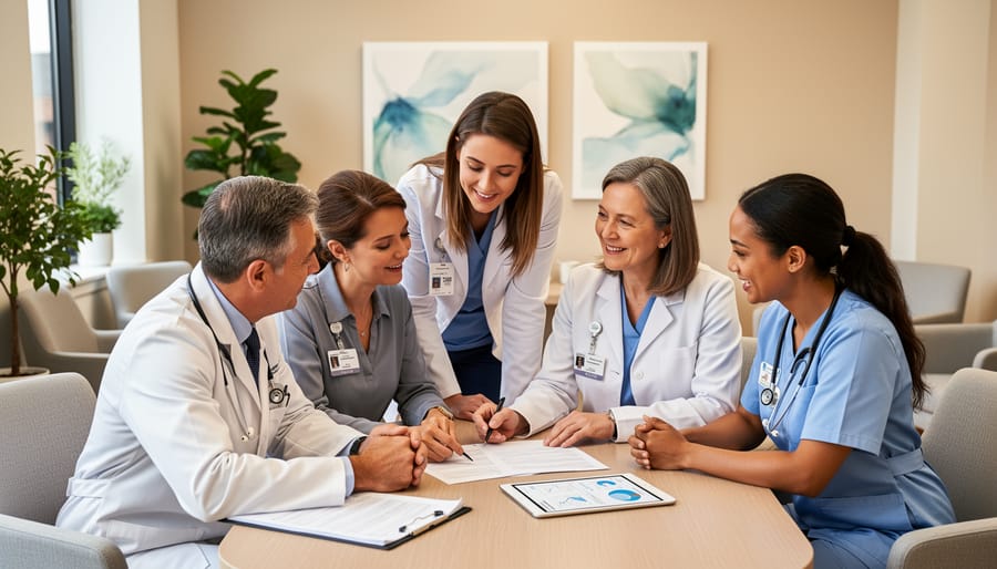 A behavioral care team meets in a community mental health office around a conference table.