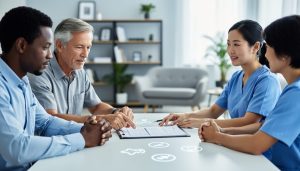 Diverse mental health professionals collaborate in a clinic room around a consultation table, conveying a coordinated behavioral health team approach.