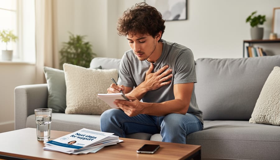 Person sitting calmly at home holding a smartphone while preparing for a self-check for anxiety symptoms
