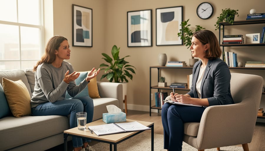 Therapist and client seated in a calm office setting during a counseling session