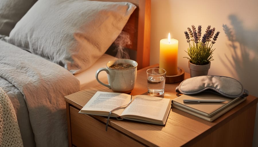 Tea, water, and a book on a nightstand create a calming bedtime scene in soft light.