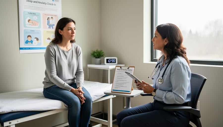 A person and clinician in a clinic office discussing sleep and anxiety concerns with a notebook.