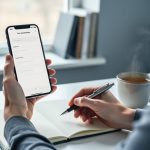 “Person sitting at a desk holding a pen and using a smartphone for an anxiety screening, with a notebook and cup of tea nearby.”