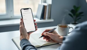 “Person sitting at a desk holding a pen and using a smartphone for an anxiety screening, with a notebook and cup of tea nearby.”