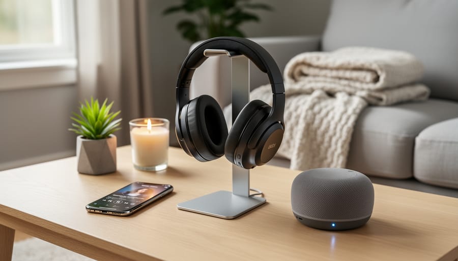 Headphones and a smartphone placed on a small table near a window, suggesting calm music listening