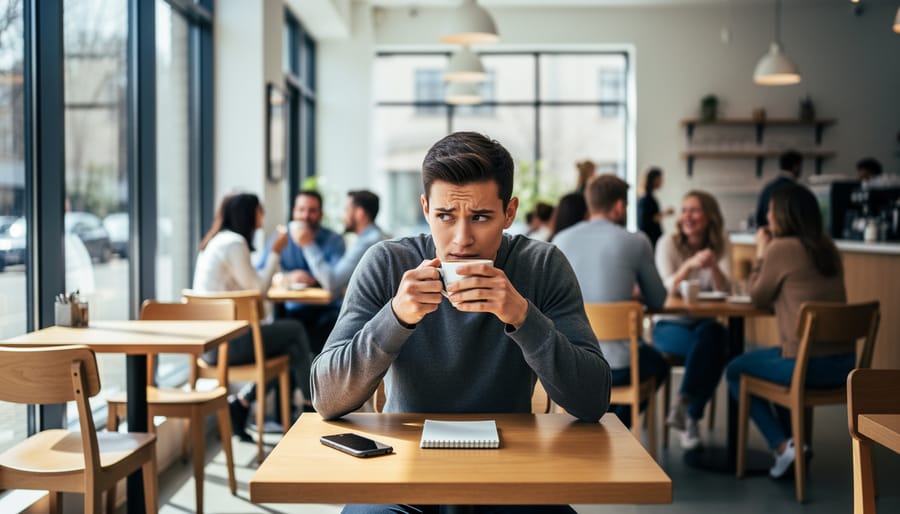 Person hesitating at a cafe entrance, looking uneasy as other patrons sit in soft-focus background.