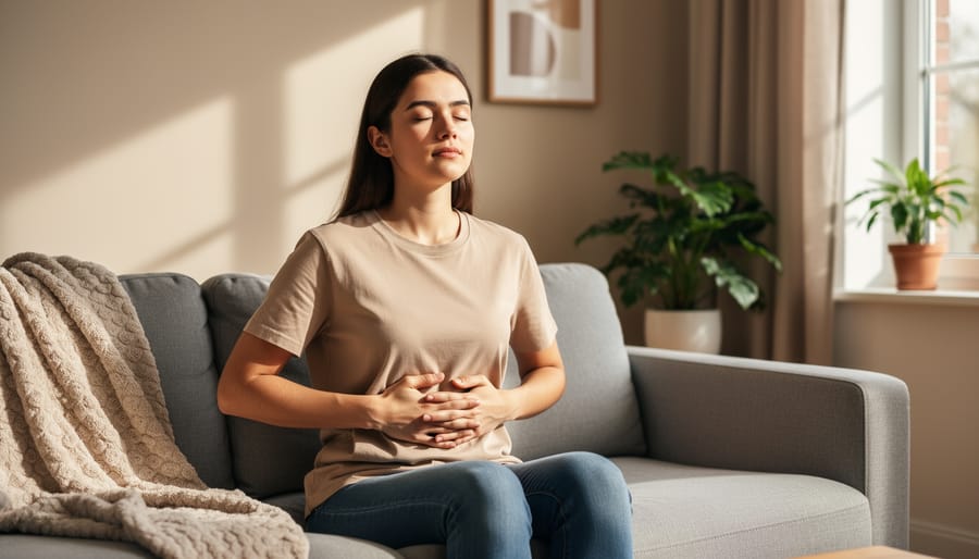 Person outdoors practicing mindful breathing with eyes closed and hands on abdomen
