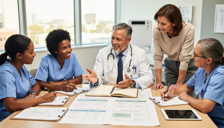 A multidisciplinary mental health team discussing care planning around a table.