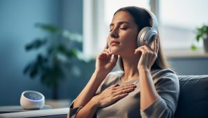 A person sitting quietly with wireless headphones on, eyes closed, appearing relaxed while listening to calming music in a softly lit room.