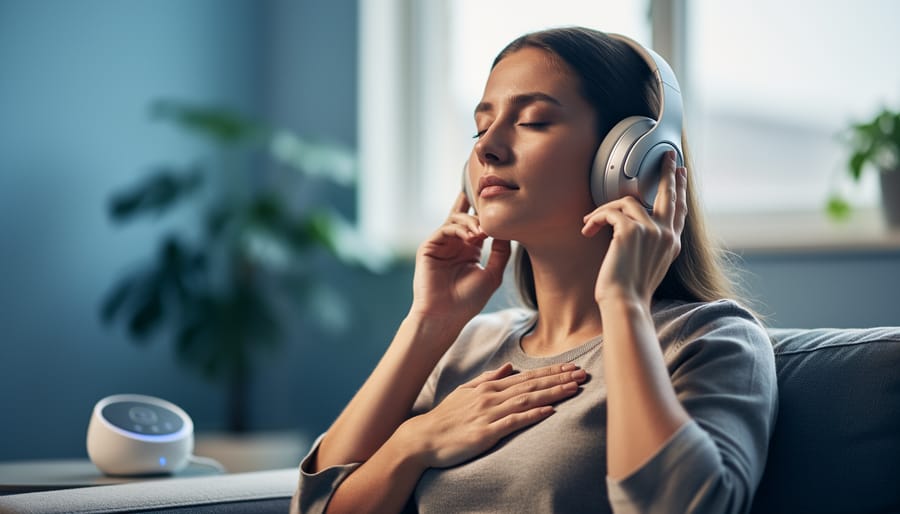 A person sitting quietly with wireless headphones on, eyes closed, appearing relaxed while listening to calming music in a softly lit room.