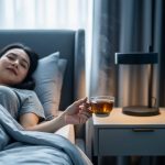 Person resting in bed at night with eyes closed, holding a cup of herbal tea on a softly lit bedside table.