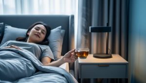 Person resting in bed at night with eyes closed, holding a cup of herbal tea on a softly lit bedside table.