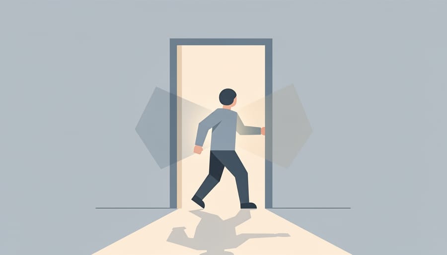 Person paused in a doorway with one foot inside and one foot outside, symbolizing avoidance and hesitation.