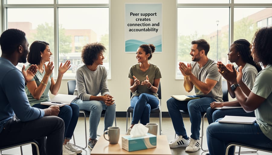 People sitting together in a supportive circle during a community meeting for addiction recovery peer support.