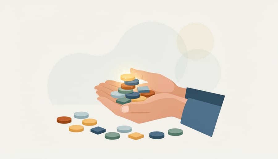 Hands placing a colorful token into a tray beside a glass jar, symbolizing positive reinforcement