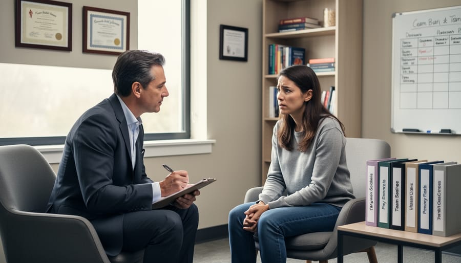A psychiatrist meeting with a patient in a quiet consultation room.
