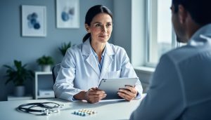 A psychiatrist in a clinic setting consults with a patient at a desk, conveying specialized psychiatric care and collaboration.