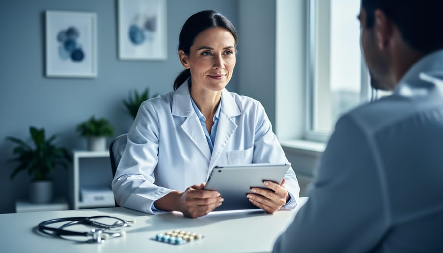 A psychiatrist in a clinic setting consults with a patient at a desk, conveying specialized psychiatric care and collaboration.