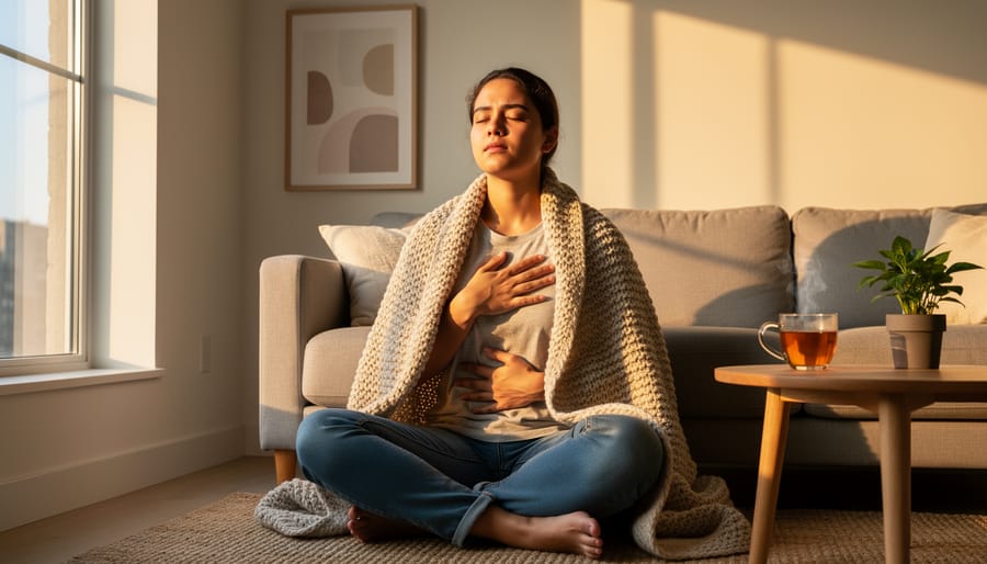 Person sitting quietly with eyes closed and a grounding object in a peaceful room