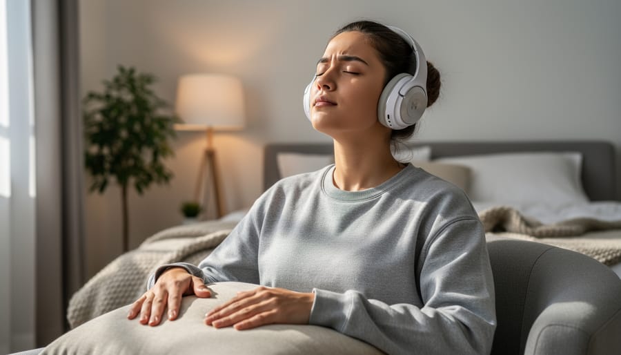 Person wearing over-ear headphones seated calmly with eyes closed, listening to music in a quiet room
