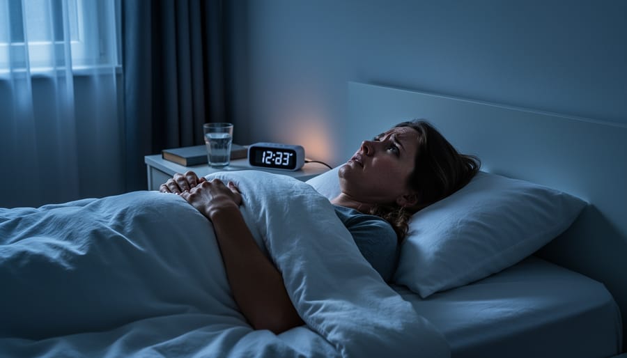 A person in bed at night looks worried while a bedside lamp softly lights their face.