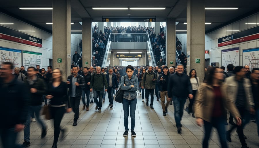Person hesitating at the edge of a busy subway platform with anxious posture and blurred commuters in the background.