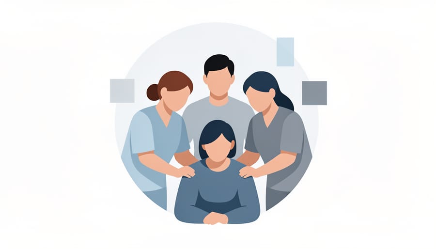 A person receives gentle supportive care near a window, with hands offering comfort in a calm setting.