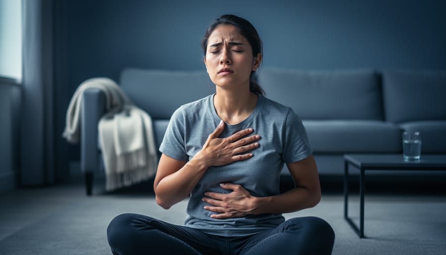 Person seated in a calm posture with eyes closed, hand on chest and abdomen, practicing breathing in a softly lit room with a blurred water glass and blanket in the background.